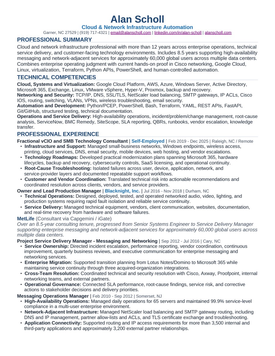Preview thumbnail of Alan Scholl’s IT Support Engineer résumé